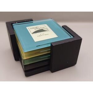 Sarah Peyton Home Set of 4 Solid Glass Colored Photo Coasters with Wooden Holder